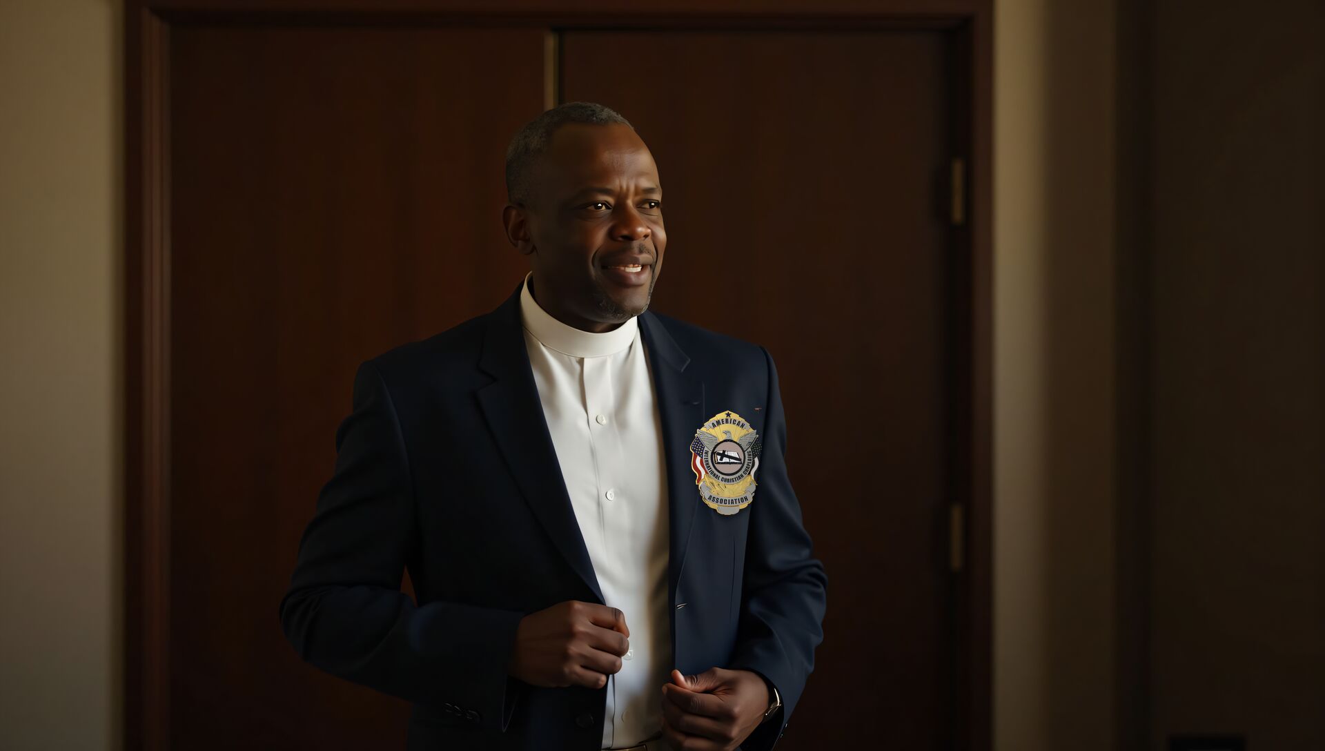 A chaplain wearing the AICCA badge on his blazer