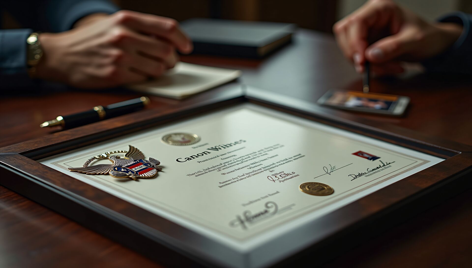 A framed certificate, the AICCA badge and an ID card on a desk