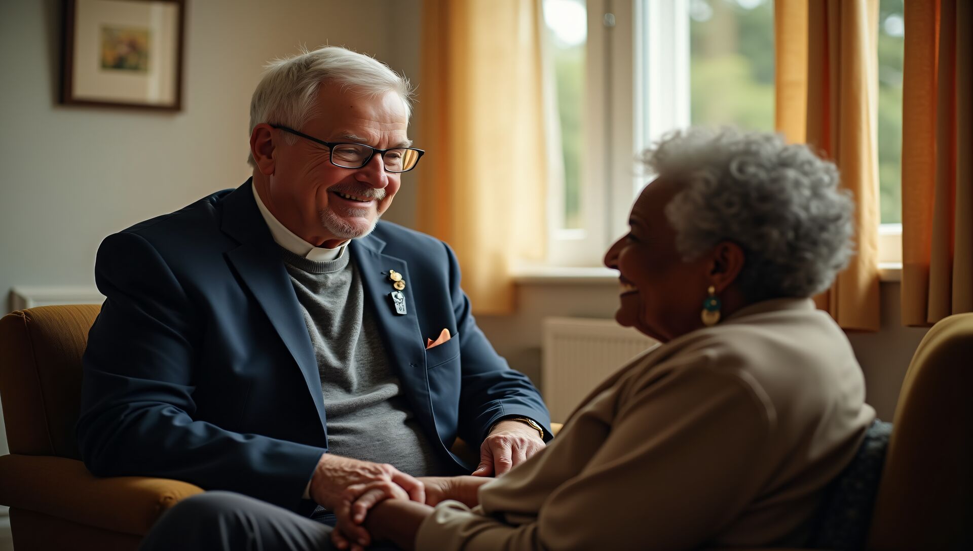 A chaplain visiting a resident in a nursing home